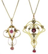 Edwardian gold garnet pendant and seed pearl pendant