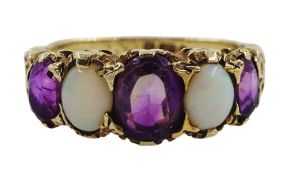 9ct gold five stone opal and amethyst ring