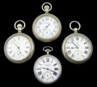 Four nickel keyless lever pocket watches with screw back cases including Thomas Russell & Sons