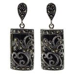 Pair of black onyx and marcasite pendant stud earrings