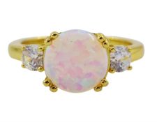 Silver-gilt three stone opal and cubic zirconia ring