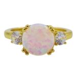 Silver-gilt three stone opal and cubic zirconia ring