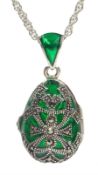 Silver green plique-a-jour and marcasite locket pendant necklace