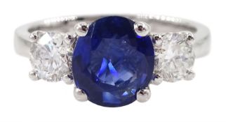 18ct white gold three stone oval sapphire and diamond ring