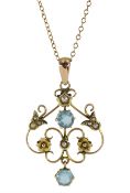 Edwardian gold blue stone and split pearl pendant stamped 9ct
