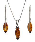 Silver Baltic amber marquise shaped pendant necklace and pair of matching earrings