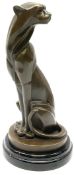 Stylised bronze figure of a seated cheetah after 'Milo' with foundry mark on circular base