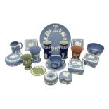 Quantity of Wedgwood Jasperware to include pair of 19th century dark blue spill vases decorated with