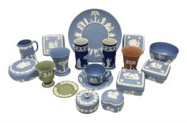 Quantity of Wedgwood Jasperware to include pair of 19th century dark blue spill vases decorated with