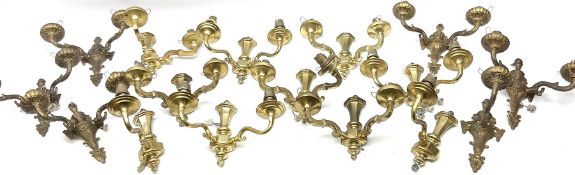 Quantity of brassed twin branched wall sconce lights and similar single light fittings