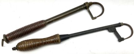 19th Century telescopic fishing gaff with turned mahogany handle and another similar with turned bee