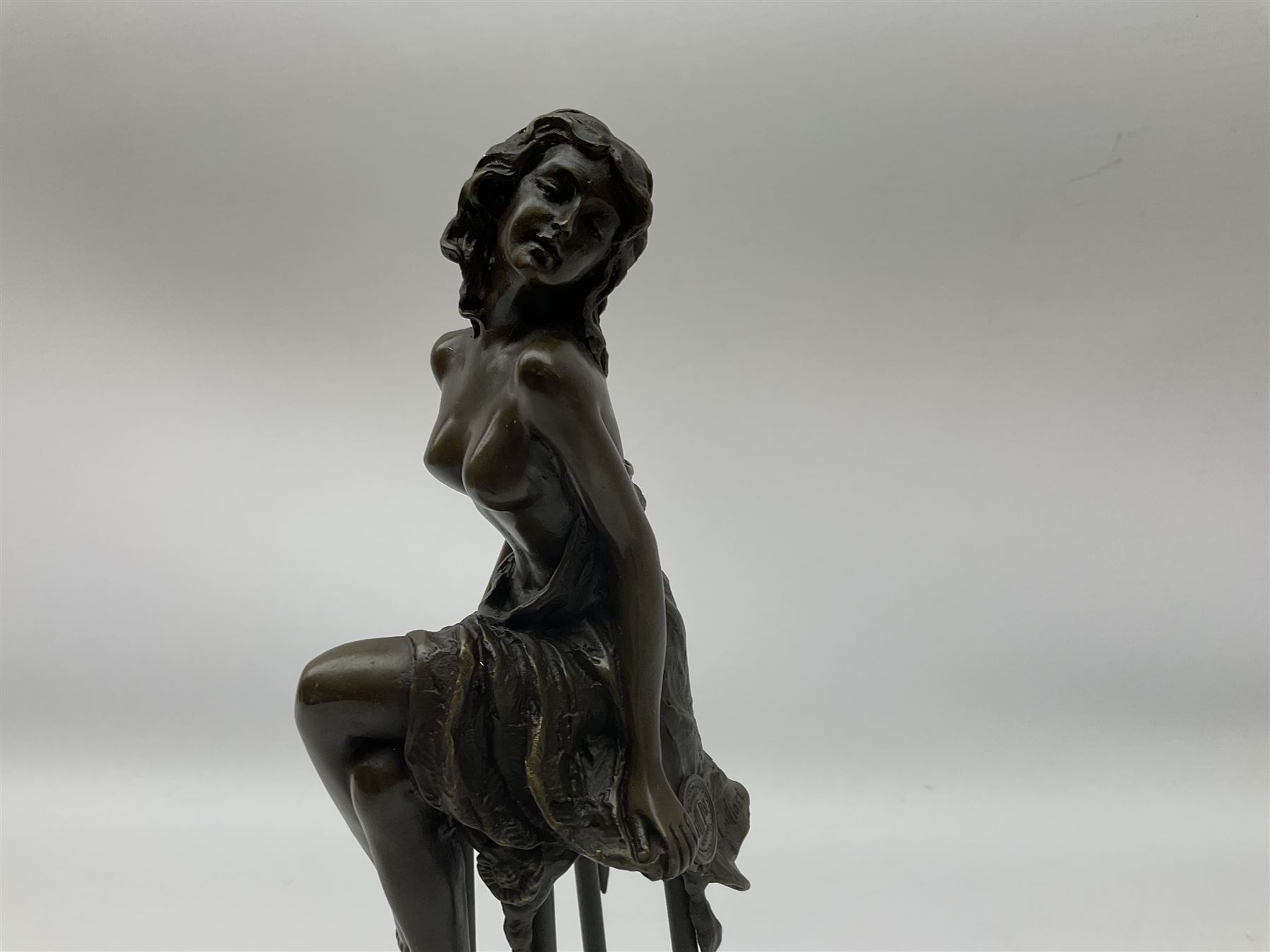 Art Deco style bronze modelled as a bare chested female figure seated upon a chair - Image 2 of 8