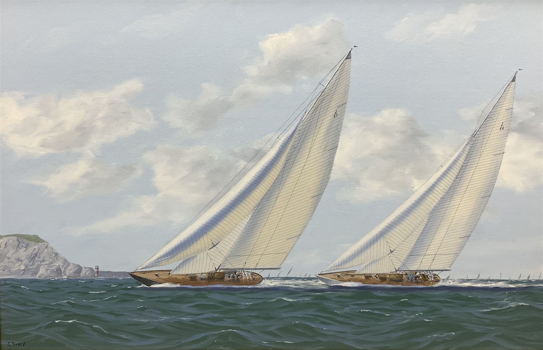 George Drury (British 1950-): J Class Racing Yachts - 'Velsheda and Endeavour off the Needles'