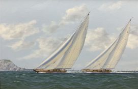 George Drury (British 1950-): J Class Racing Yachts - 'Velsheda and Endeavour off the Needles'