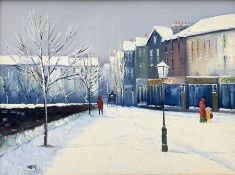 Barry Hilton (British 1941-): Snowy Winter Street Scene