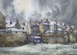 John Freeman (British 1942-): 'The Rescue' - the launch of the Whitby Lifeboat the Robert Whitworth