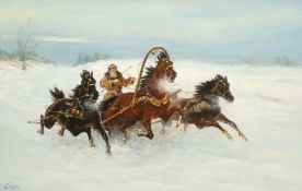 Robert Nowak (Polish Contemporary): Horse-drawn Chariot in Snow