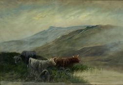 J Marshall (British 20th century): Highland Cows