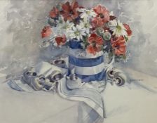 J S McCabe (20th century): Daisies and Poppies in a Cornish Ware Jug with Mushrooms