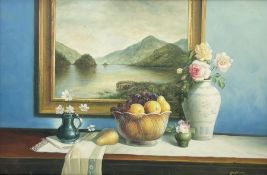 Continental School (20th century): Still Life of Fruit Flowers and Picture