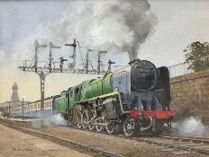 Don Micklethwaite (British 1936-): The Evening Star Locomotive leaving Scarborough Railway Station