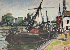 English School (20th century): Ship Moored in Canal