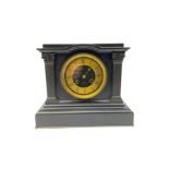 A 19th century Belgium slate mantle clock with a recessed flat top above a break arch pediment suppo