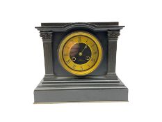 A 19th century Belgium slate mantle clock with a recessed flat top above a break arch pediment suppo