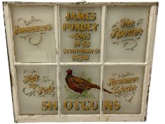 19th century six panel window sash with later Purdy Shotguns advertising detail