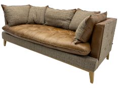 Harris Tweed - Large sofa upholstered in tan leather and tweed fabric