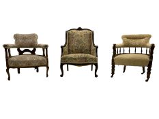 Two Edwardian tub shaped upholstered armchairs and another upholstered chair (3)