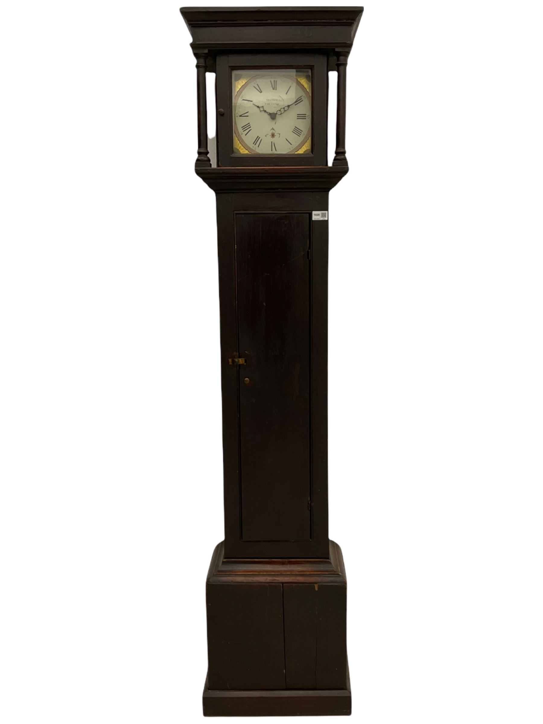 A provincial 30-hour chain driven longcase clock in an oak finished case with a flat top and wide co
