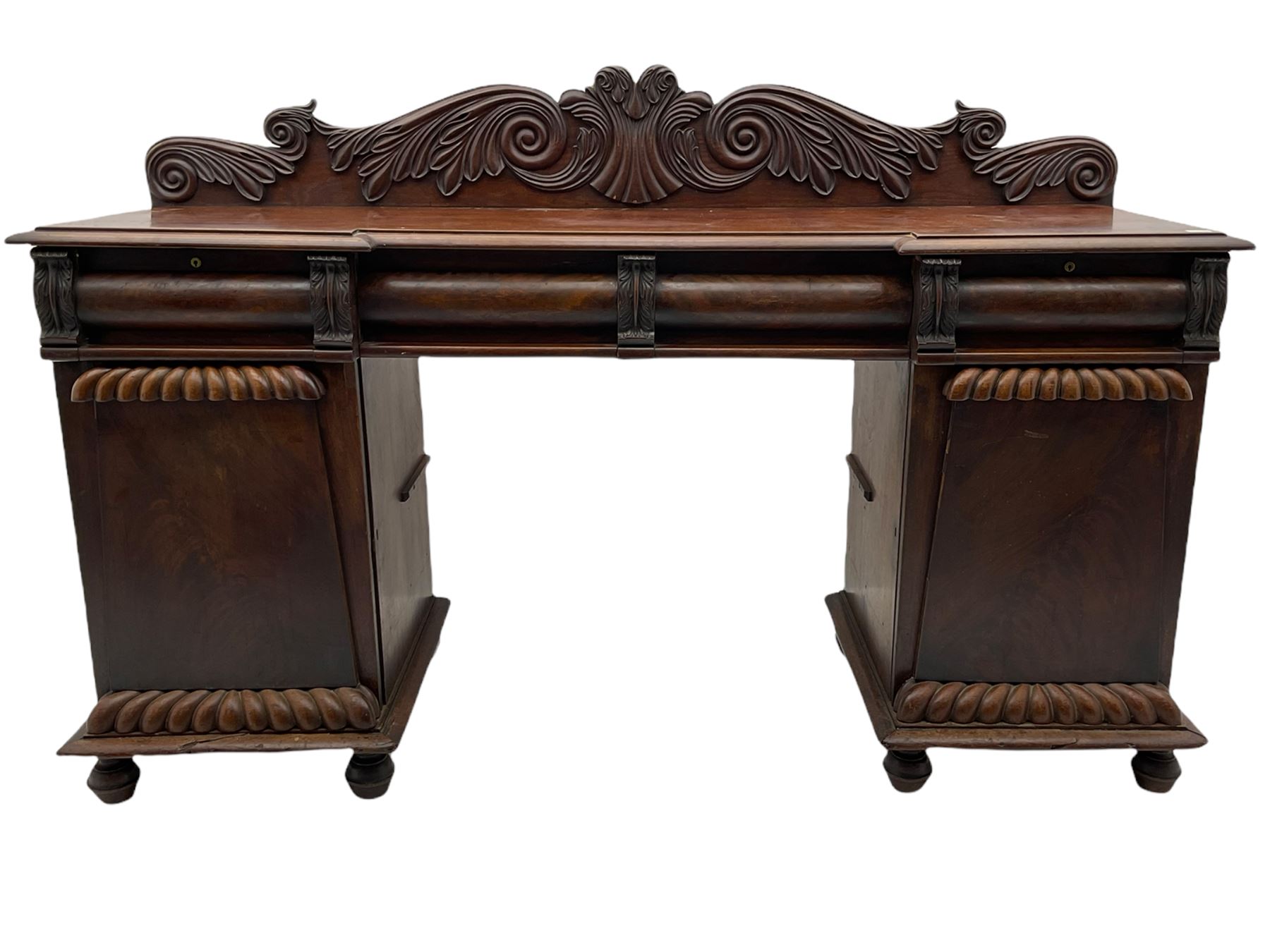 Early 19th century figured mahogany twin pedestal sideboard