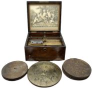 Late 19th century Symphonion disc musical box in inlaid walnut case with front lever action playing