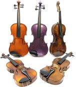 Three full size violins and two three-quarter size violins