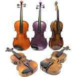 Three full size violins and two three-quarter size violins