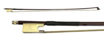 Early 20th century silver mounted pernambuco violin bow with ivory frog