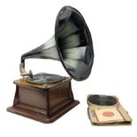 Early 20th century Mead mahogany cased table top gramophone with stepped base 45cm square