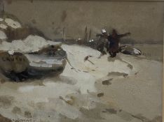 Joseph Richard Bagshawe (Staithes Group 1870-1909): Fishermen and Coble on the Winter Sands