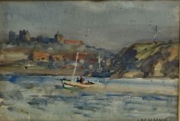 Joseph Richard Bagshawe (Staithes Group 1870-1909): Fishing Coble off Whitby with the Abbey in the d