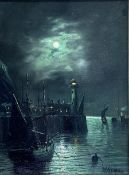 Walter Linsley Meegan (British c1860-1944): Scarborough Harbour Lighthouse by Moonlight