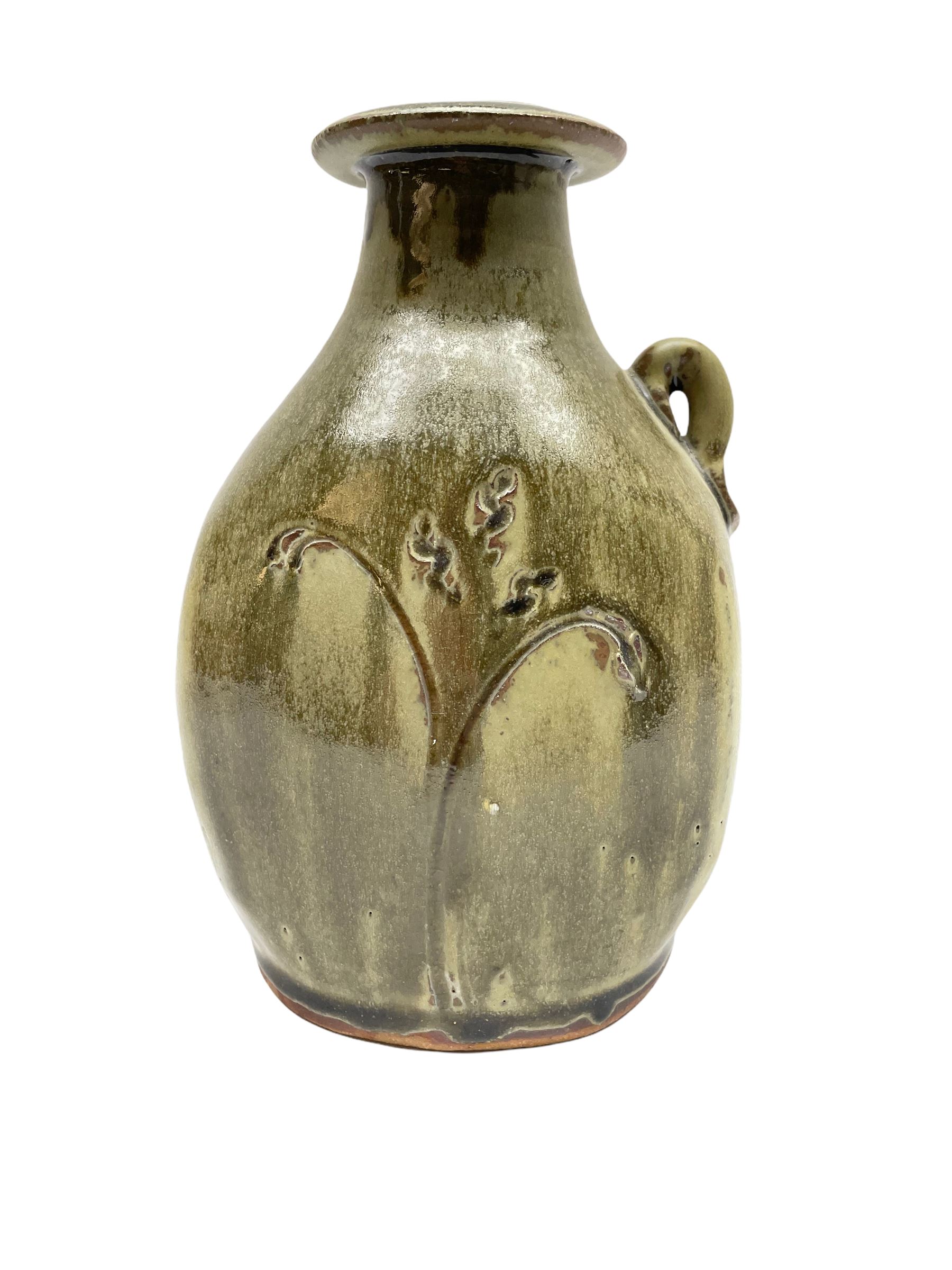 Jim Malone (British 1946-): Stoneware flask with trailing green glaze - Image 2 of 3