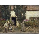 Ernest Higgins Rigg (Staithes Group 1868-1947): Old Man comforting a Little Girl outside Boxtree Far
