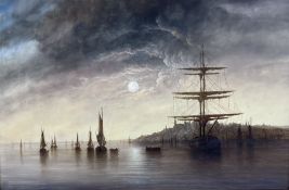 Ronald Cavalla (British 1940-): Sailing Vessels at Anchor by Moonlight