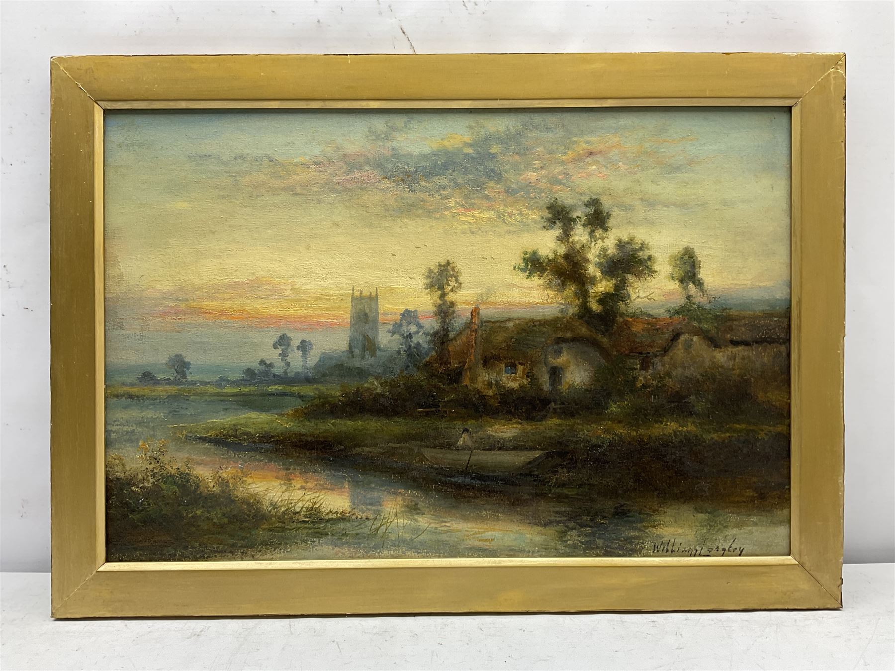 William Langley (British 1852-1922): River Scene with Church and Cottages at Sunset - Image 2 of 4