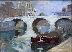 Attrib. Gustave Madelain (French 1867-1944): Barge on the Seine Paris