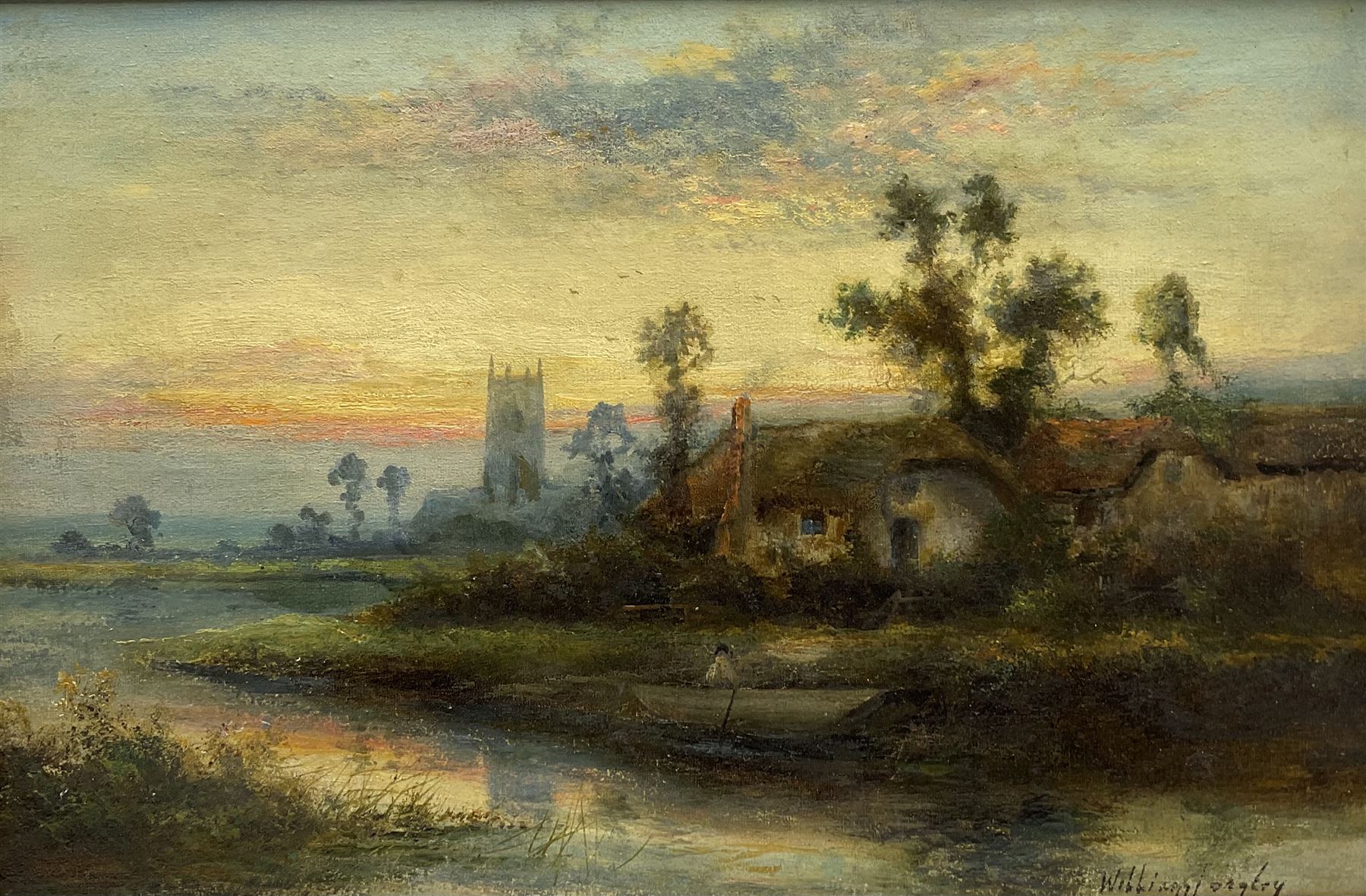 William Langley (British 1852-1922): River Scene with Church and Cottages at Sunset