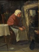 David W Haddon (British fl.1884-1914): Old Lady with Black Cat Toasting Bread on the Kitchen Range