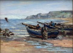 James William Booth (Staithes Group 1867-1953): Cobles on the Beach at Runswick Bay