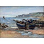James William Booth (Staithes Group 1867-1953): Cobles on the Beach at Runswick Bay